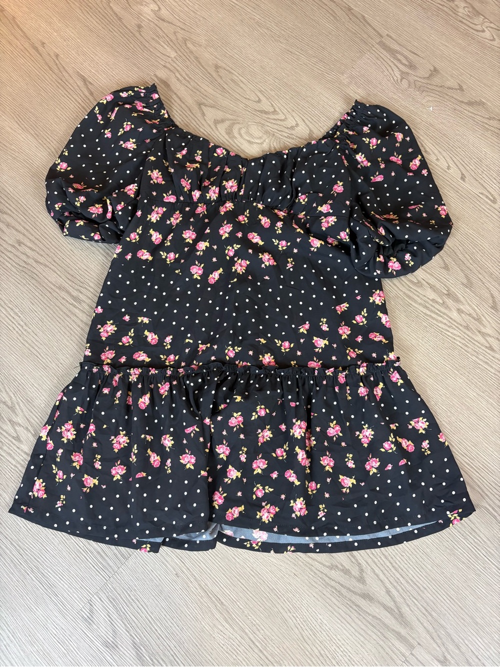 Betsey Johnson Black Floral & White Polka Dot Mini Dress